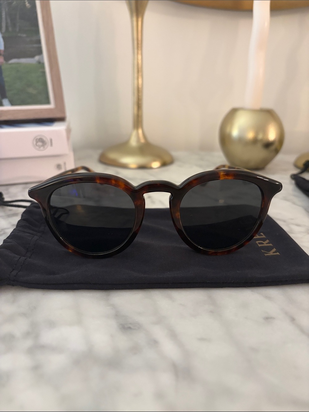 KREWE BARRETT Tortoiseshell Round Sunglasses with Black Lenses